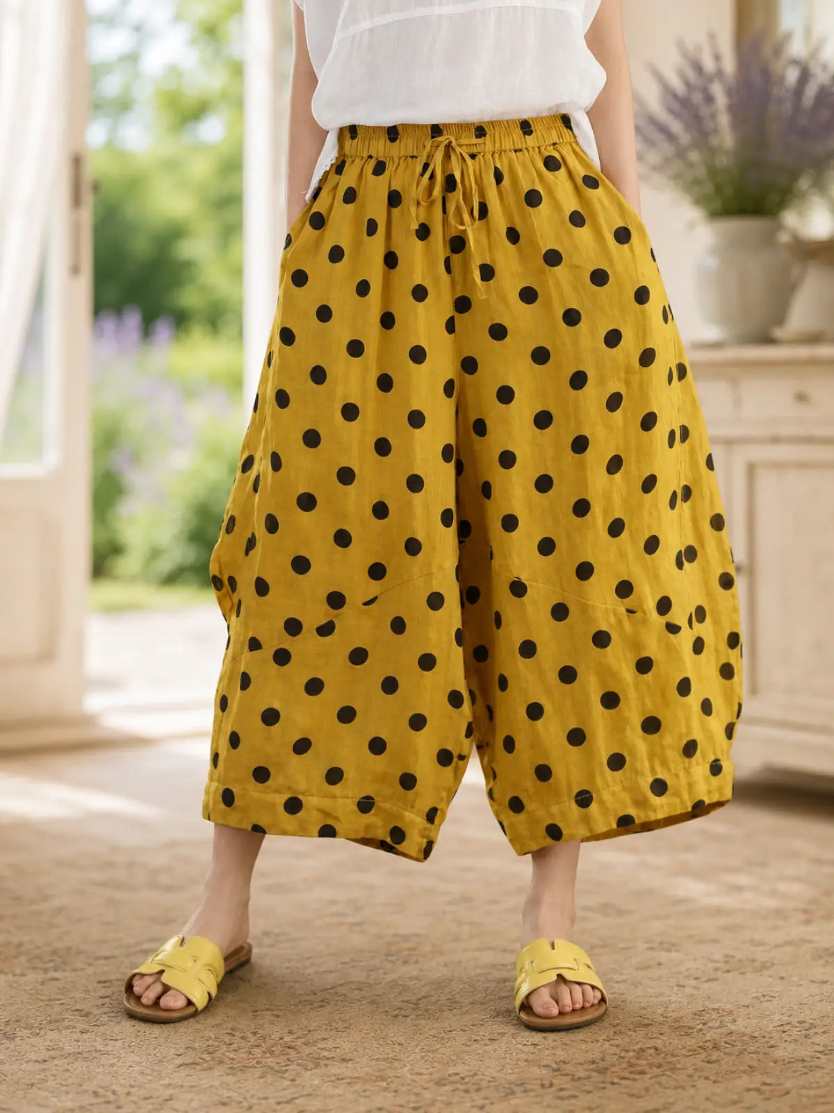 100% Ramie Balloon-Leg Cropped Pants with Polka Dots - full body view