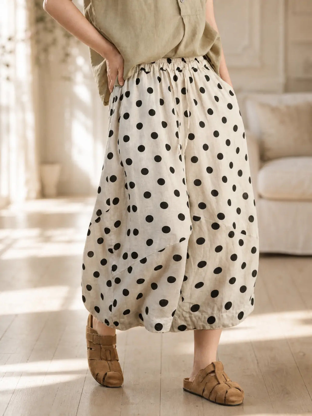 100% Ramie Balloon-Leg Cropped Pants with Polka Dots - main model view