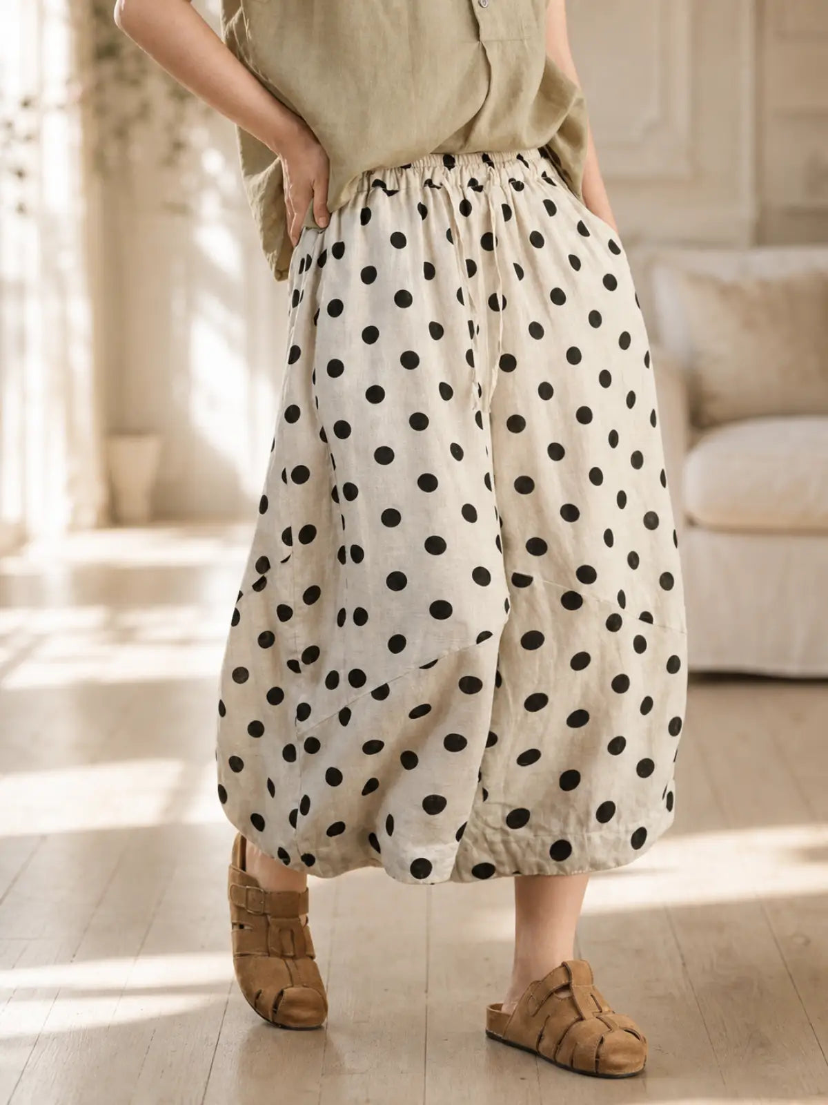 100% Ramie Balloon-Leg Cropped Pants with Polka Dots - main model view