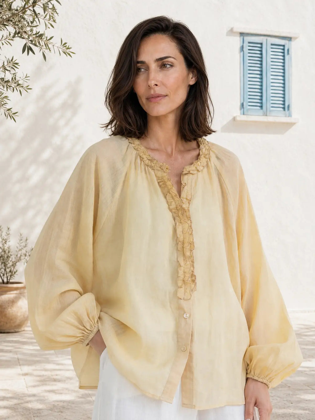 100% Ramie Blouse with Ruffled V-Neck & Elbow Sleeves - detail view