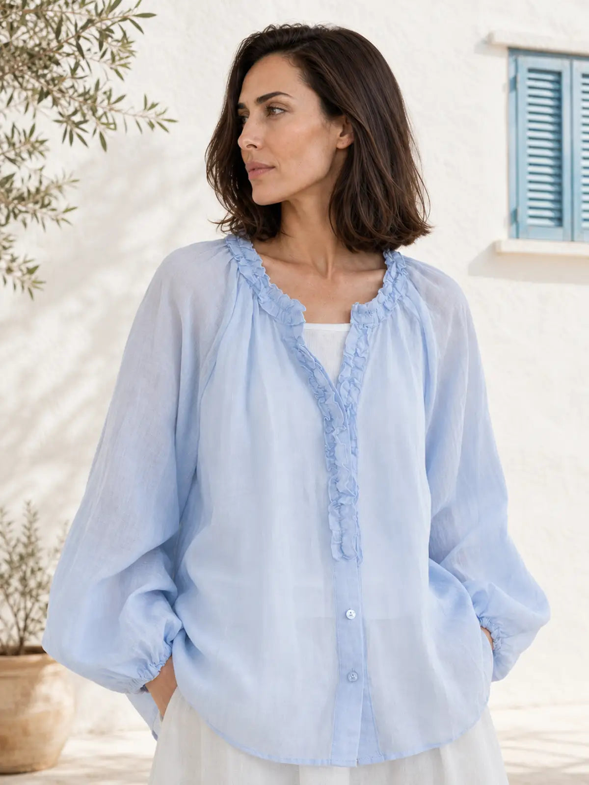 100% Ramie Blouse with Ruffled V-Neck & Elbow Sleeves - flat lay view