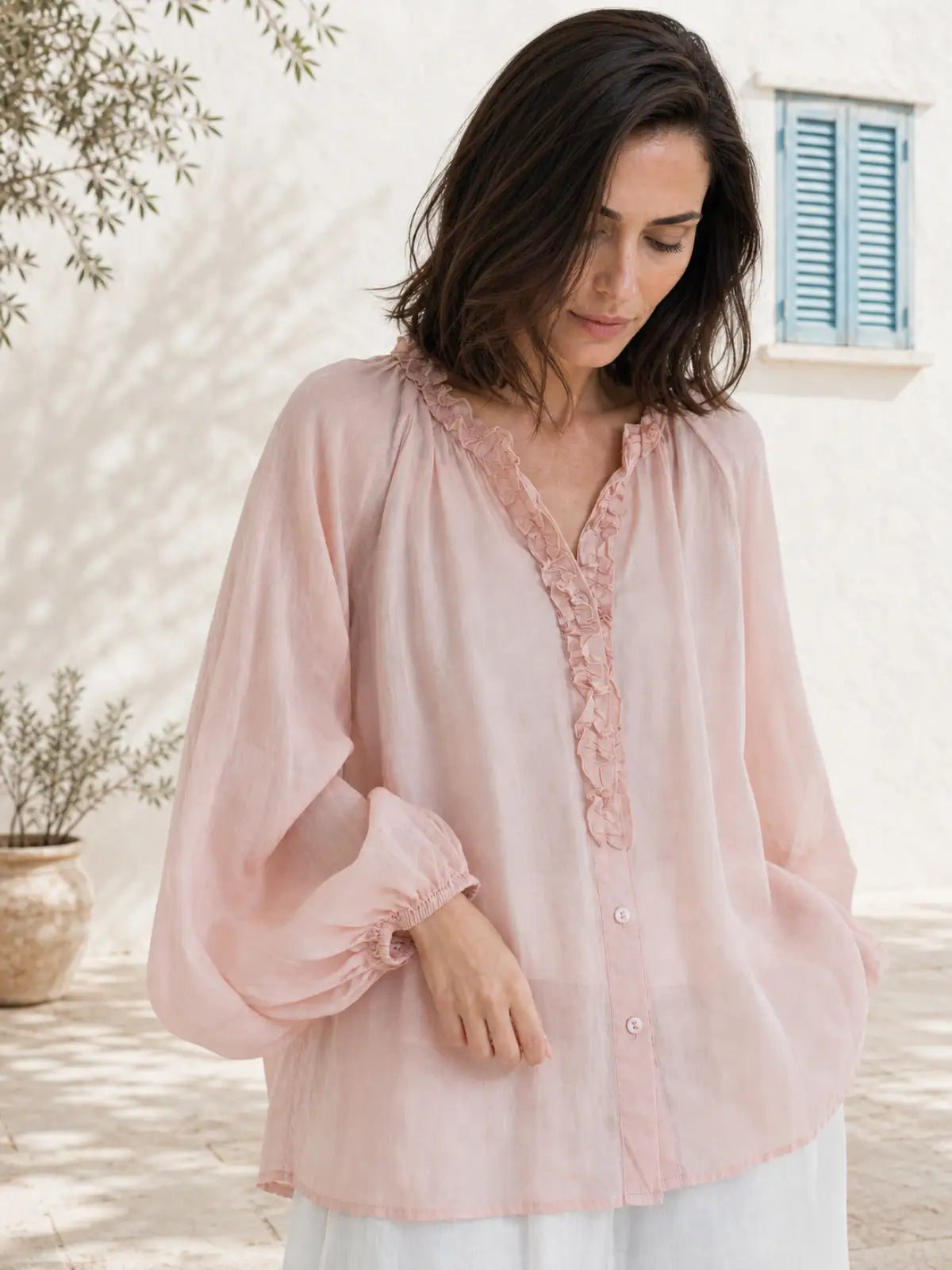 100% Ramie Blouse with Ruffled V-Neck & Elbow Sleeves - full body view