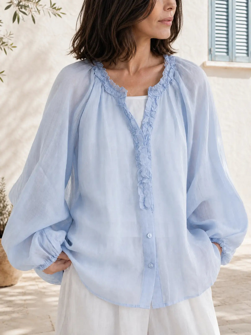 100% Ramie Blouse with Ruffled V-Neck & Elbow Sleeves - image 6 view