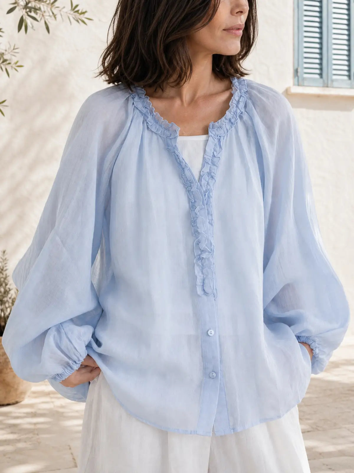 100% Ramie Blouse with Ruffled V-Neck & Elbow Sleeves - image 6 view