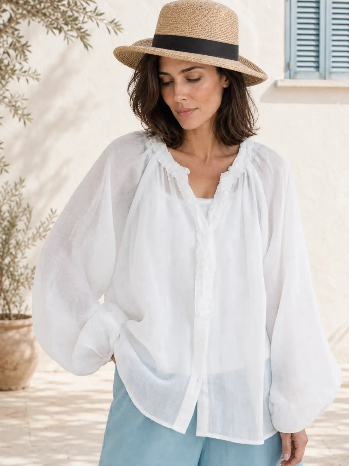 100% Ramie Blouse with Ruffled V-Neck & Elbow Sleeves - lifestyle view