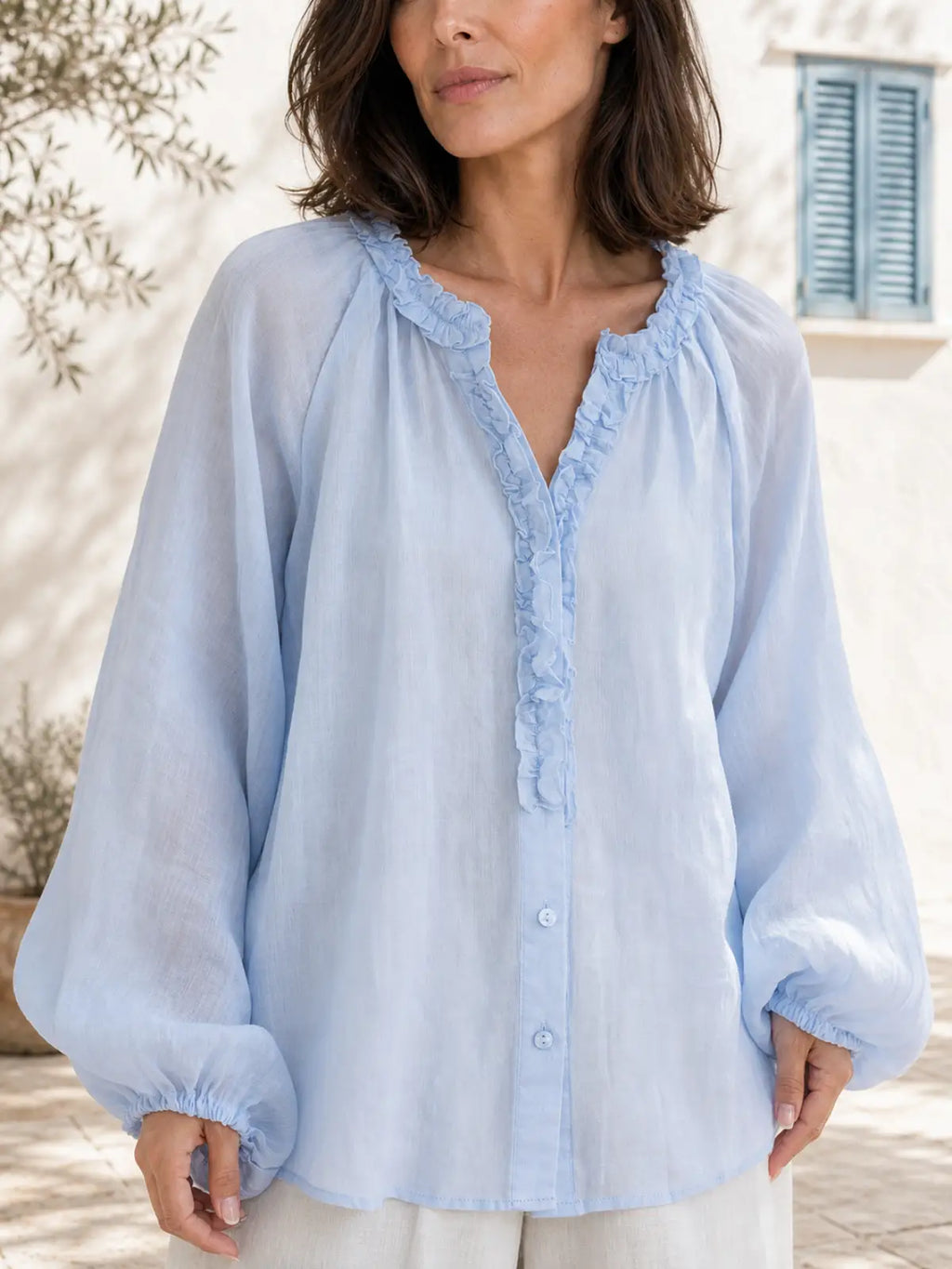 100% Ramie Blouse with Ruffled V-Neck & Elbow Sleeves - main model view
