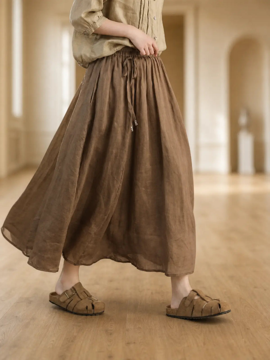 100% Ramie Double-Layer Maxi Skirt with Drawstring Waist - detail view