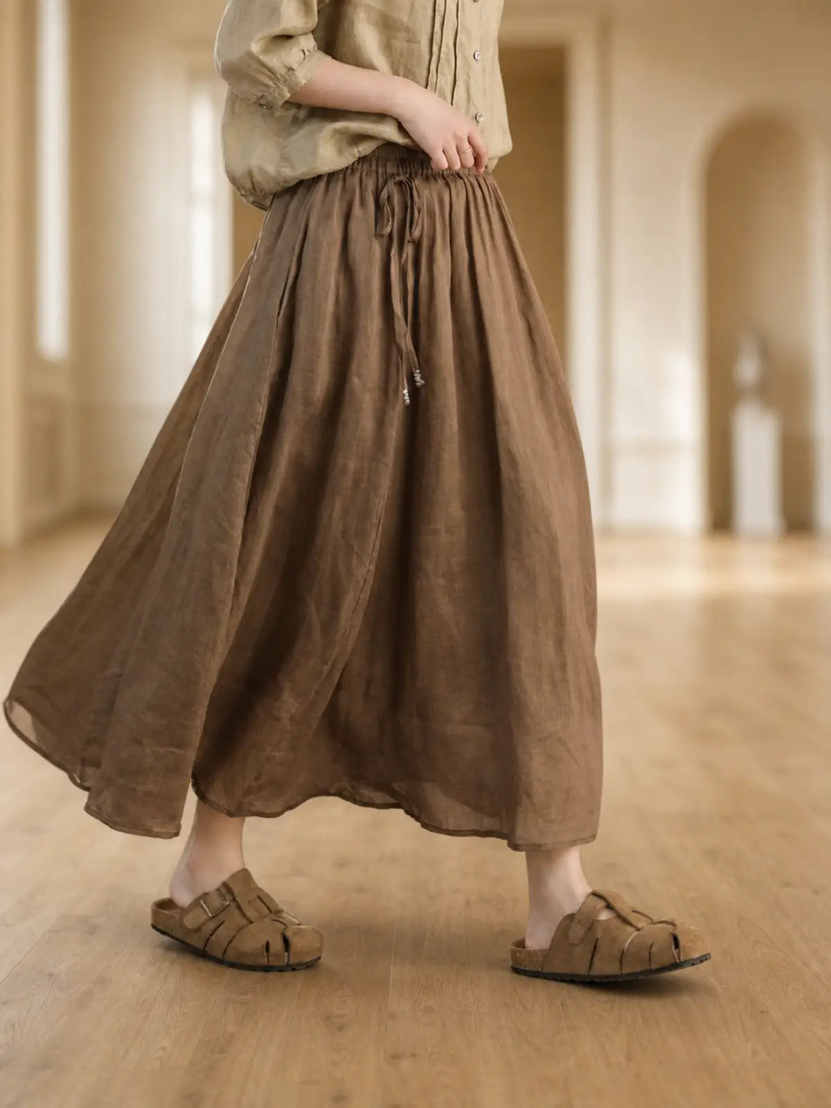 100% Ramie Double-Layer Maxi Skirt with Drawstring Waist - detail view