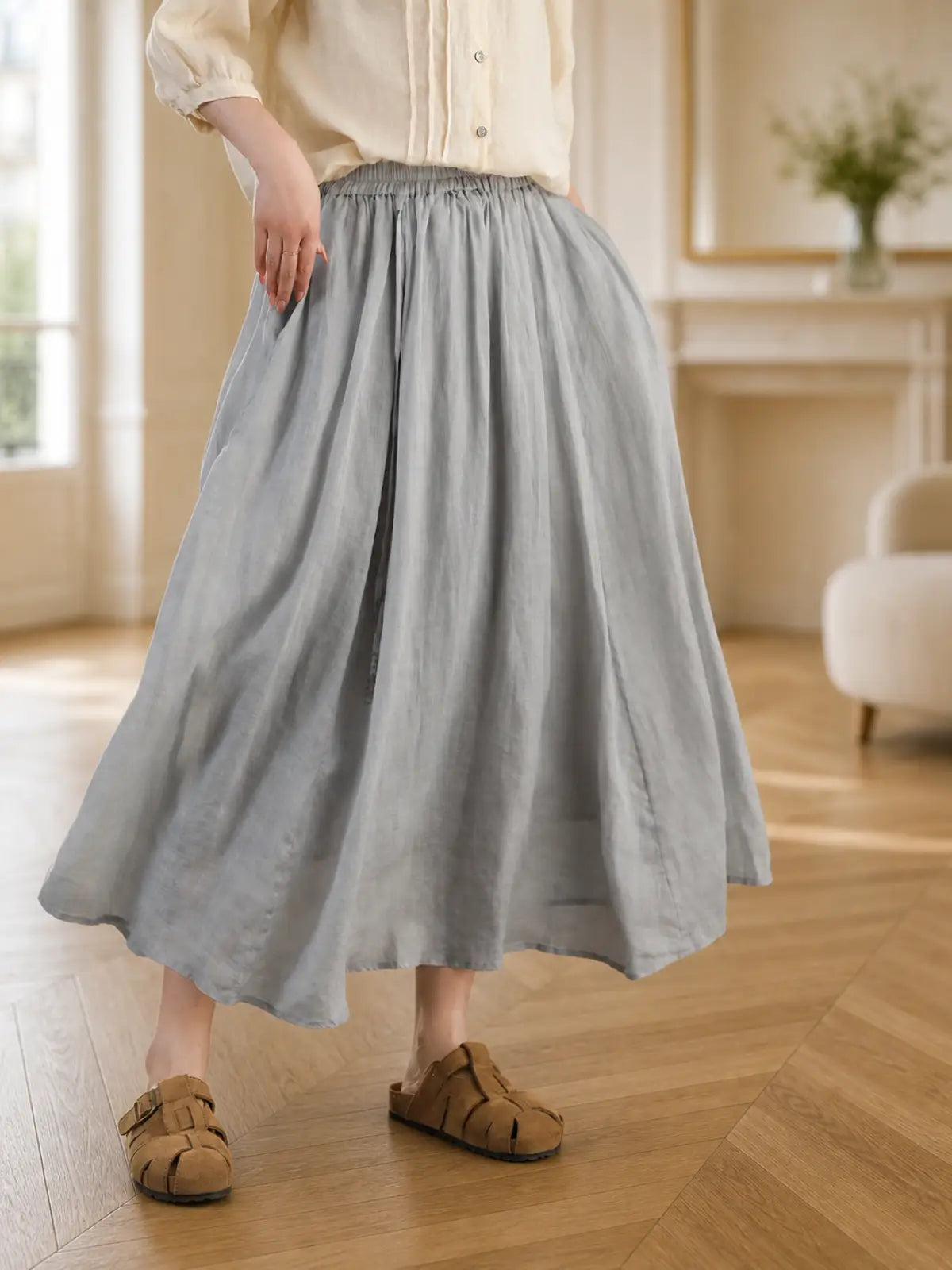 100% Ramie Double-Layer Maxi Skirt with Drawstring Waist - flat lay view