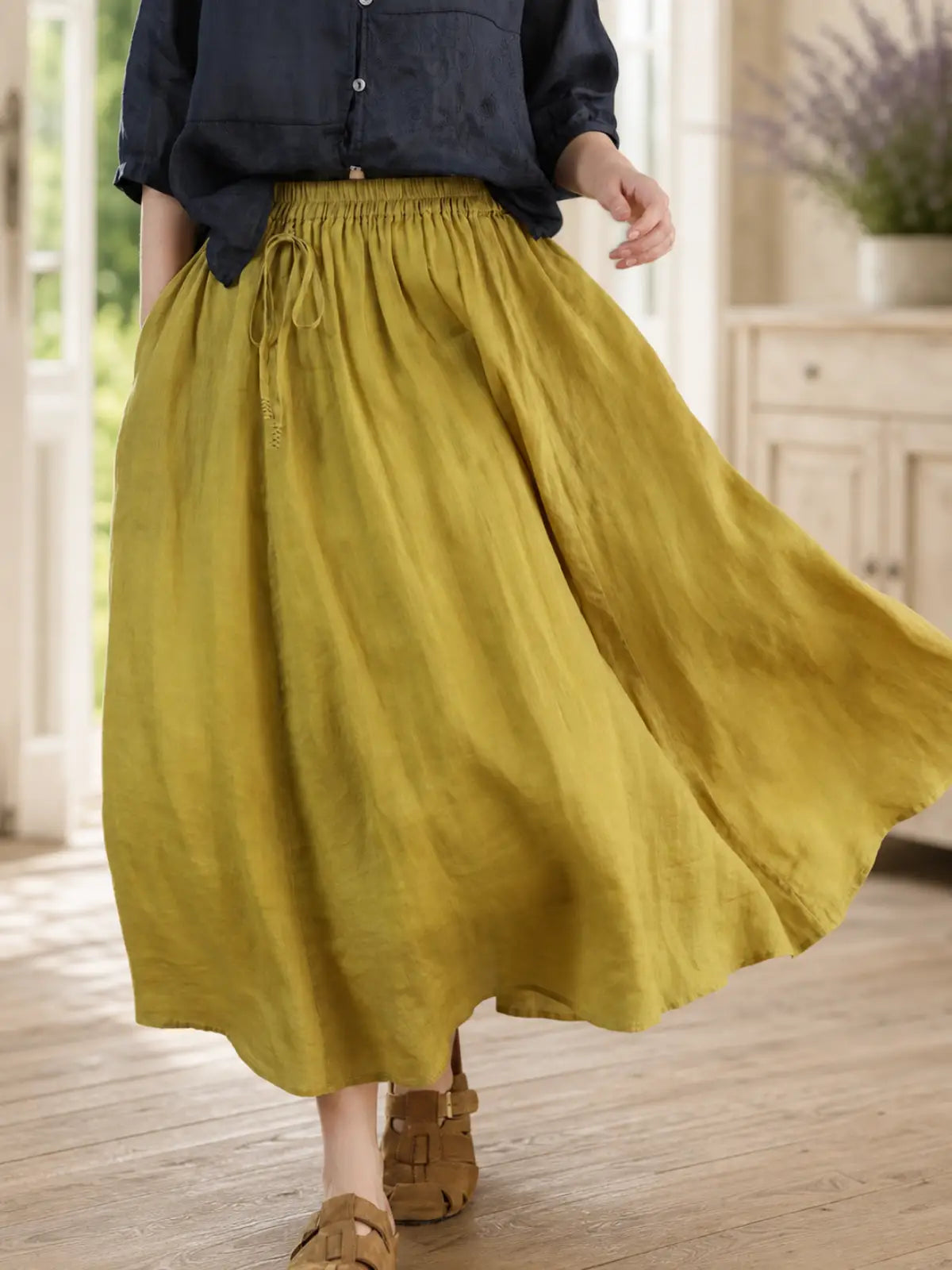 100% Ramie Double-Layer Maxi Skirt with Drawstring Waist - full body view