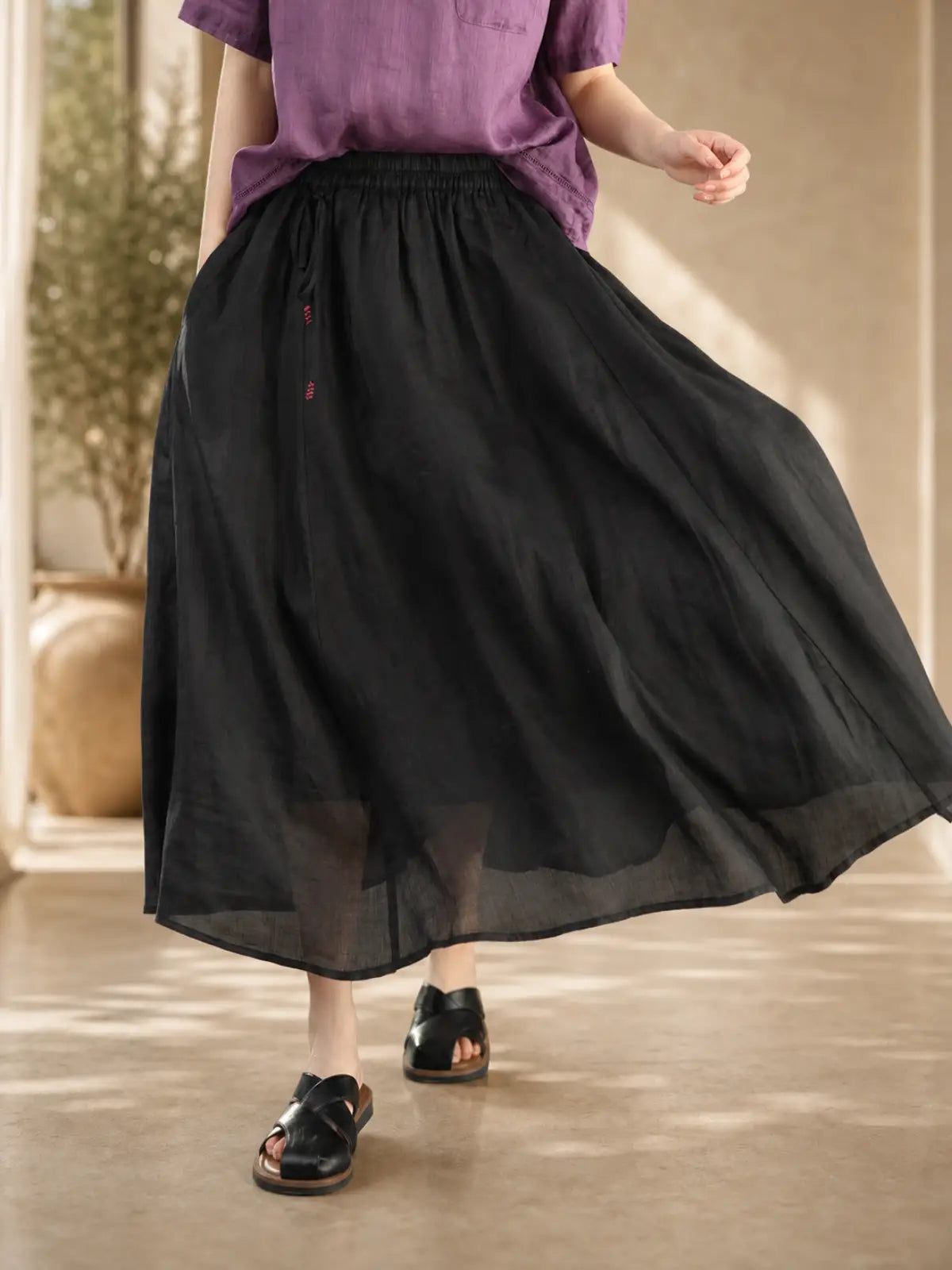 100% Ramie Double-Layer Maxi Skirt with Drawstring Waist - lifestyle view