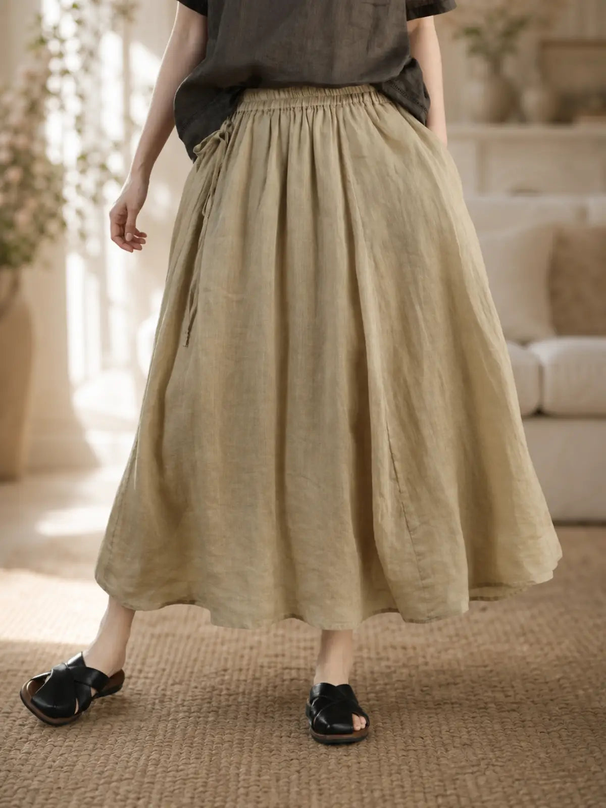 100% Ramie Double-Layer Maxi Skirt with Drawstring Waist - main model view