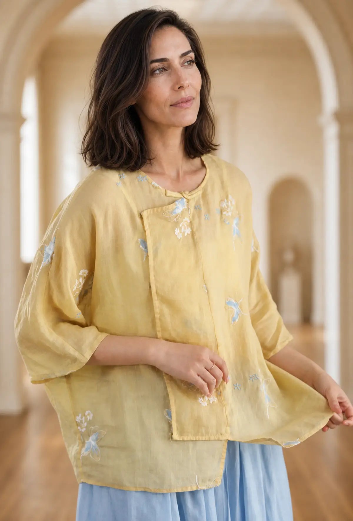 100% Ramie Top with Floral Embroidery & Knot Detail - detail view