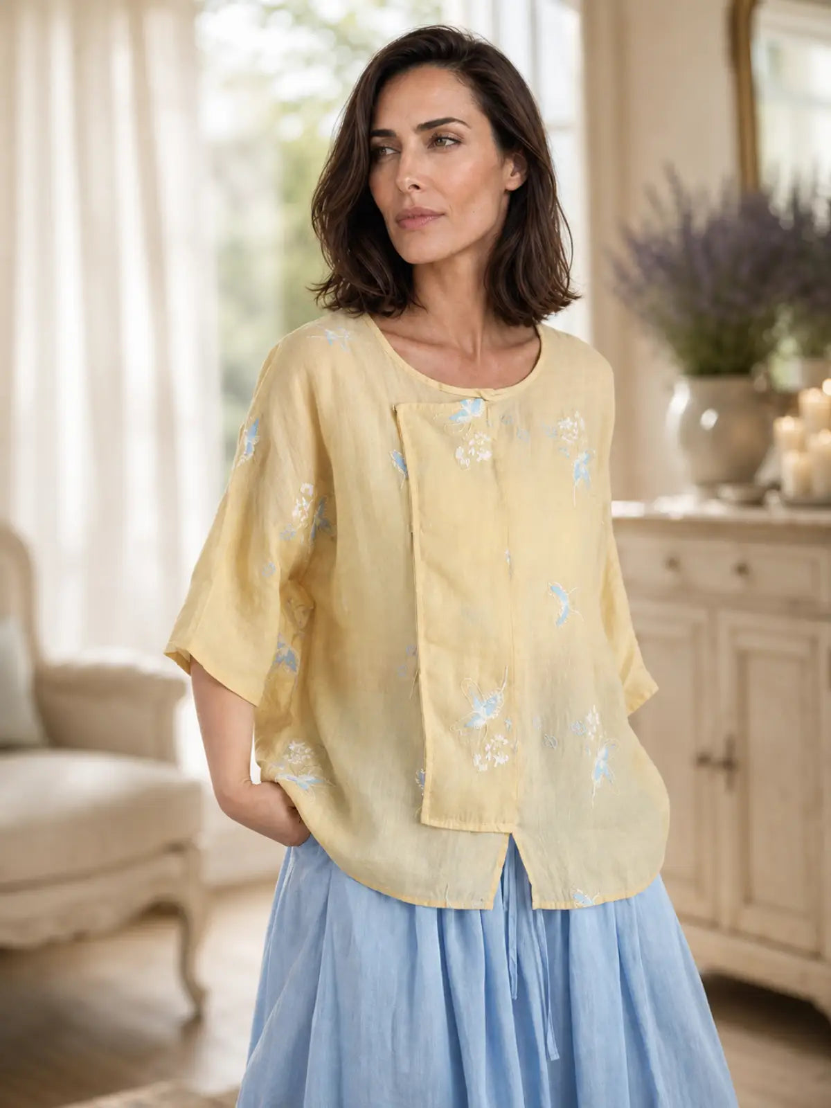 100% Ramie Top with Floral Embroidery & Knot Detail - flat lay view