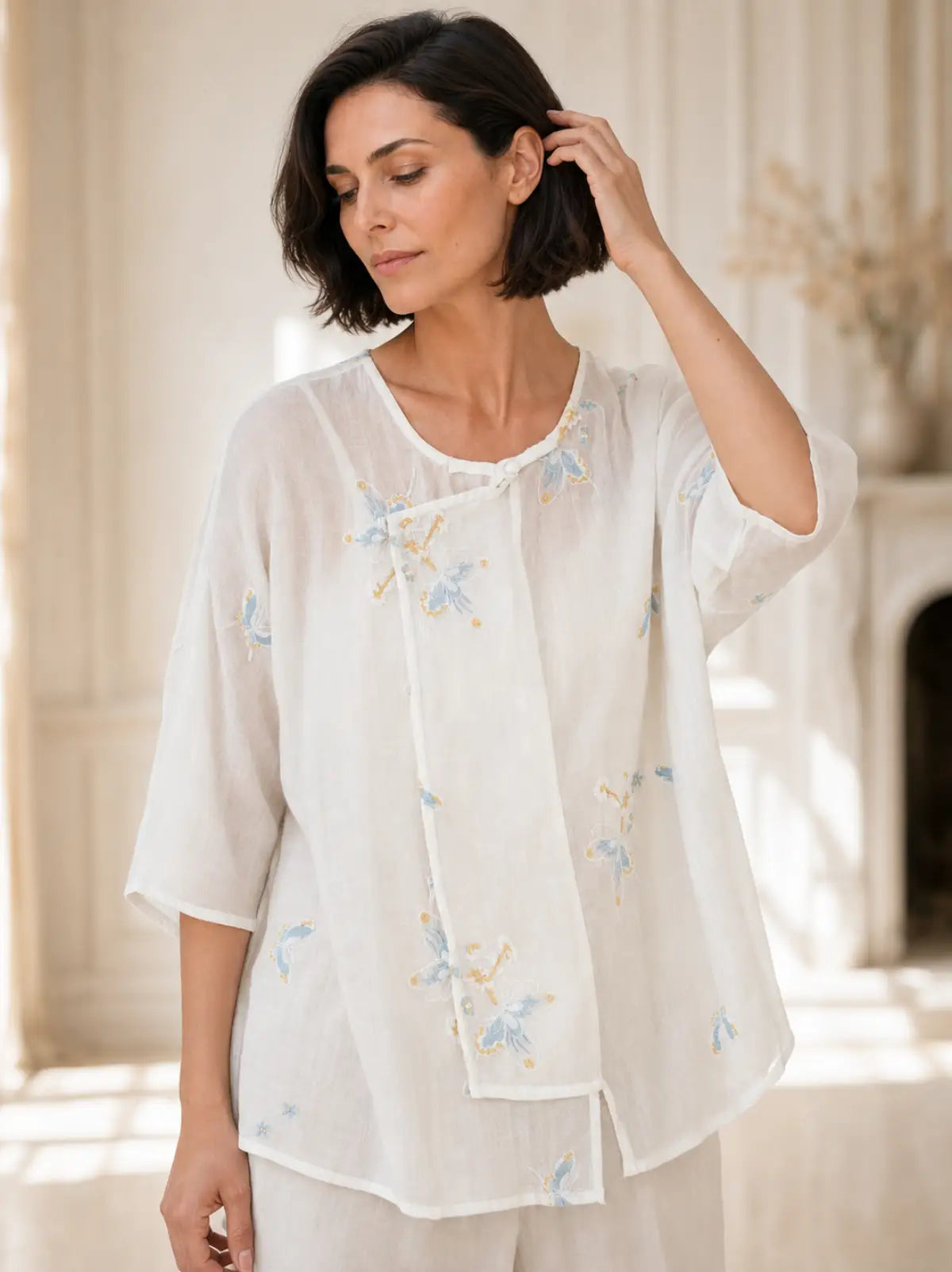 100% Ramie Top with Floral Embroidery & Knot Detail - full body view