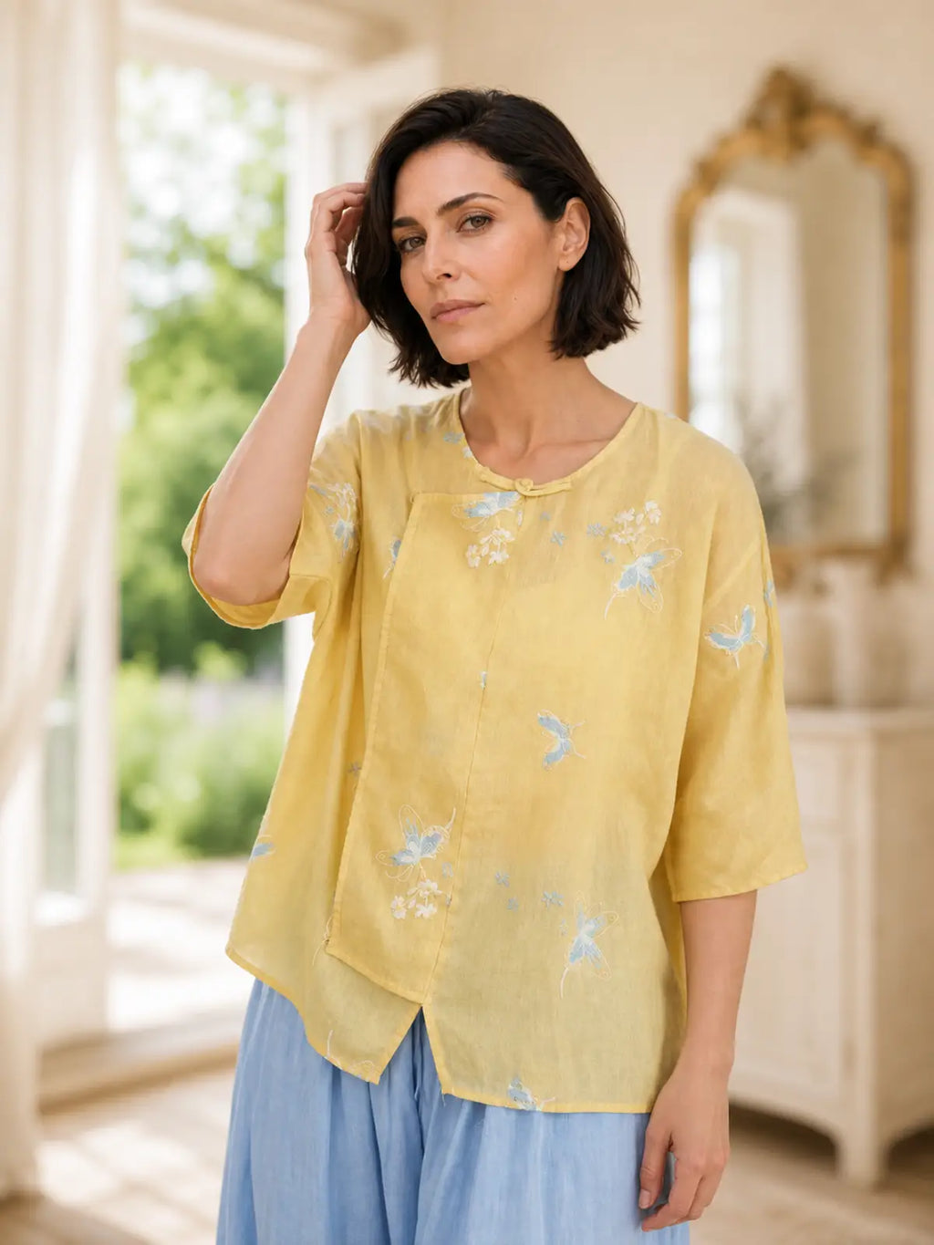100% Ramie Top with Floral Embroidery & Knot Detail - image 6 view