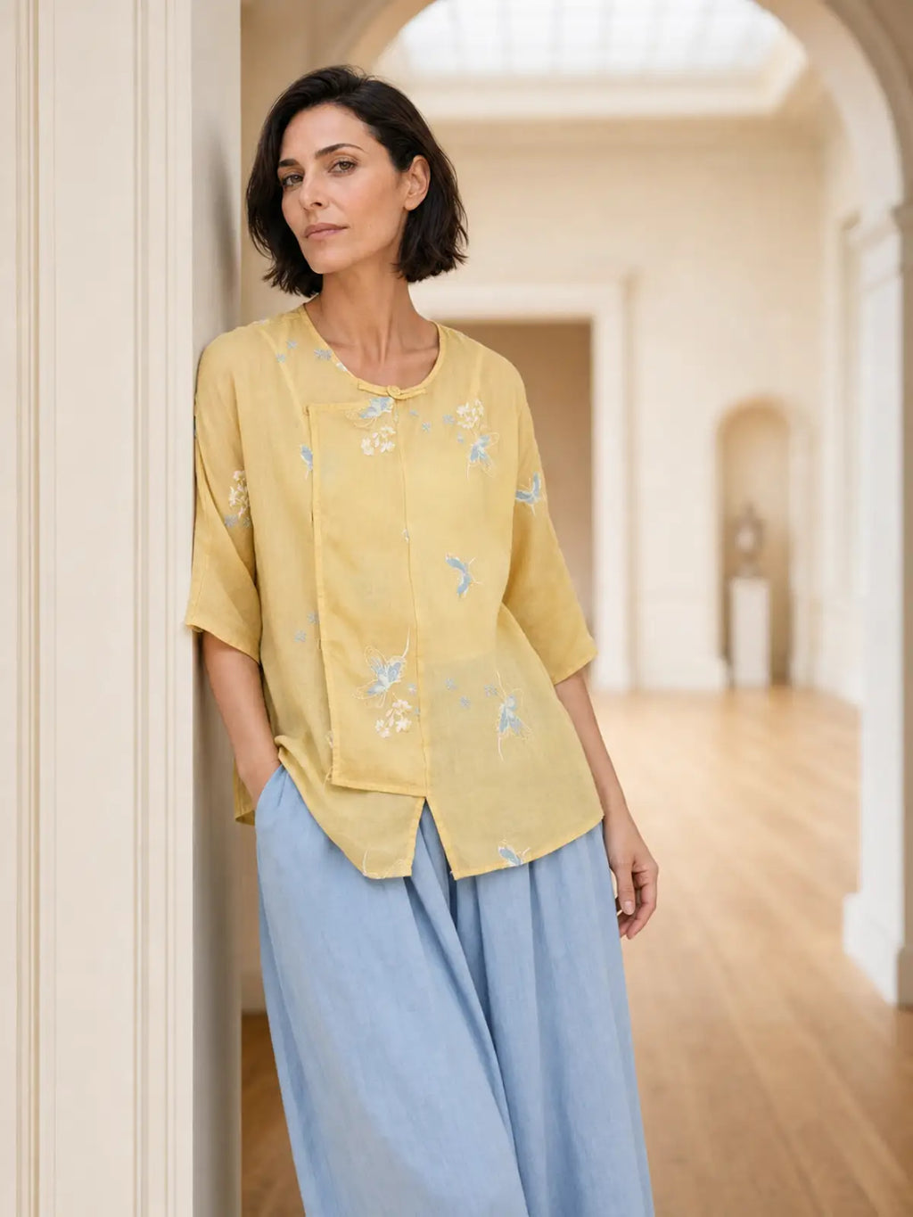 100% Ramie Top with Floral Embroidery & Knot Detail - image 7 view