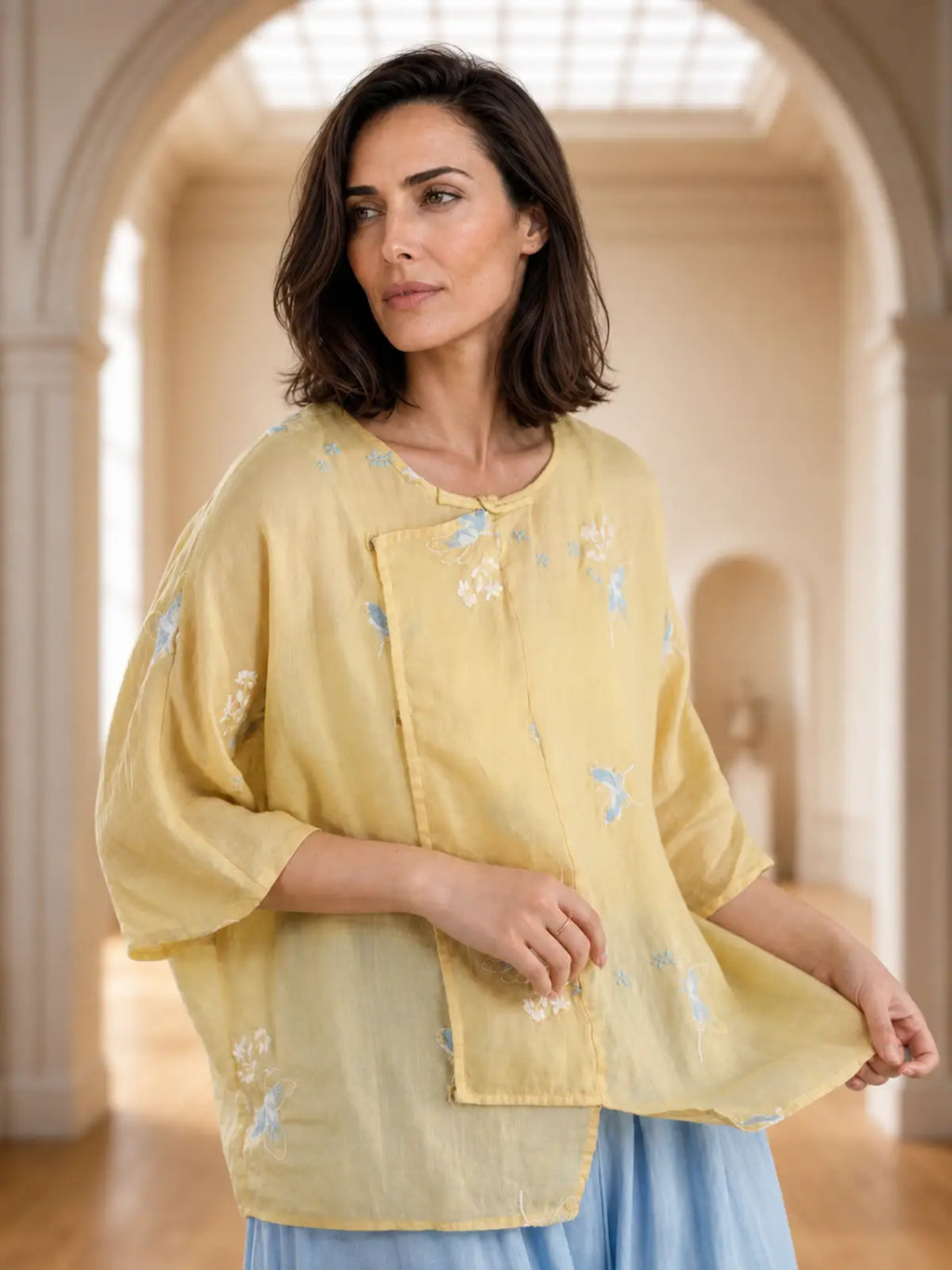 100% Ramie Top with Floral Embroidery & Knot Detail - image 8 view