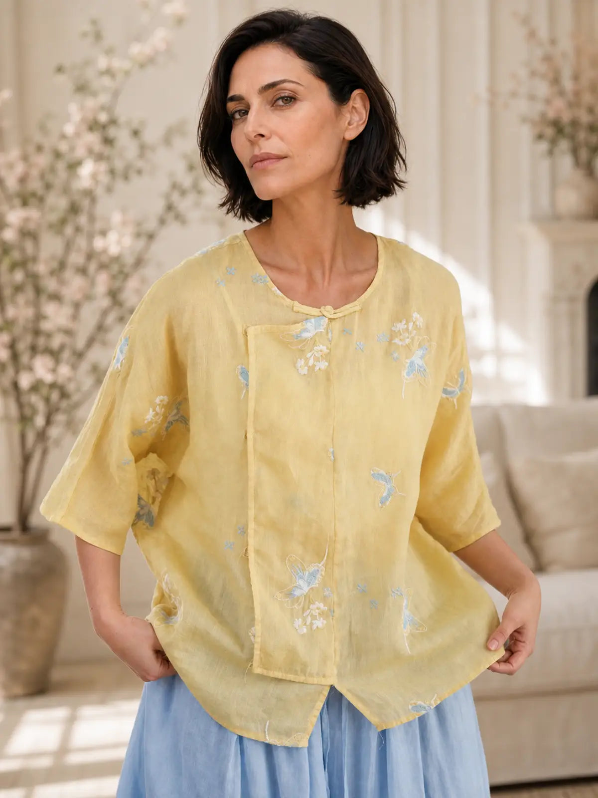 100% Ramie Top with Floral Embroidery & Knot Detail - main model view