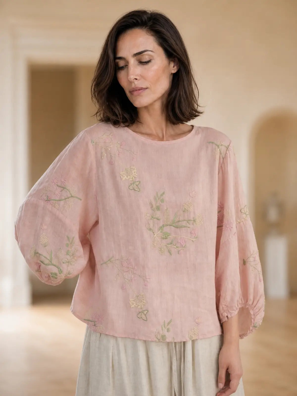 100% Ramie Top with Floral Embroidery & Lantern Sleeves - detail view