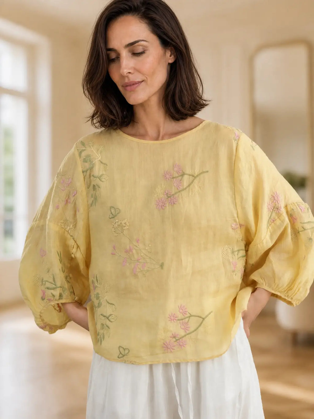 100% Ramie Top with Floral Embroidery & Lantern Sleeves - flat lay view