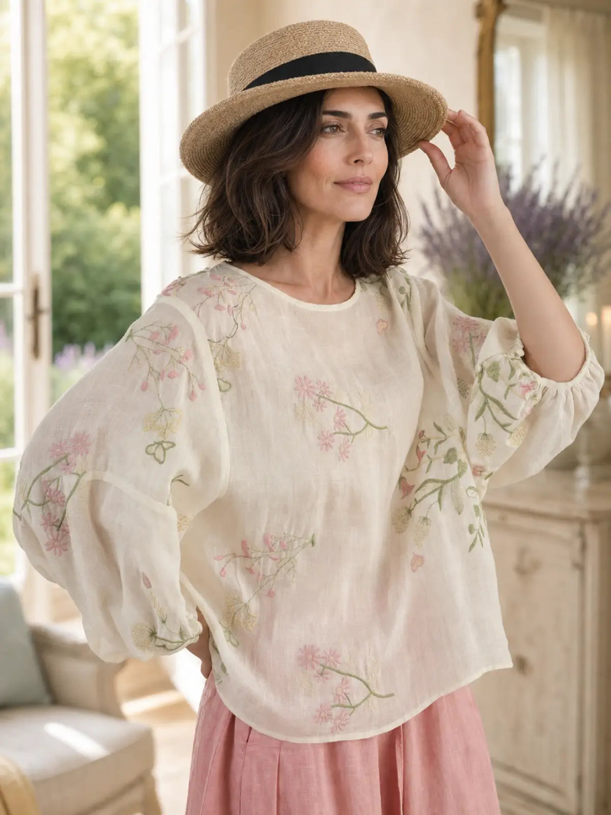 100% Ramie Top with Floral Embroidery & Lantern Sleeves - full body view
