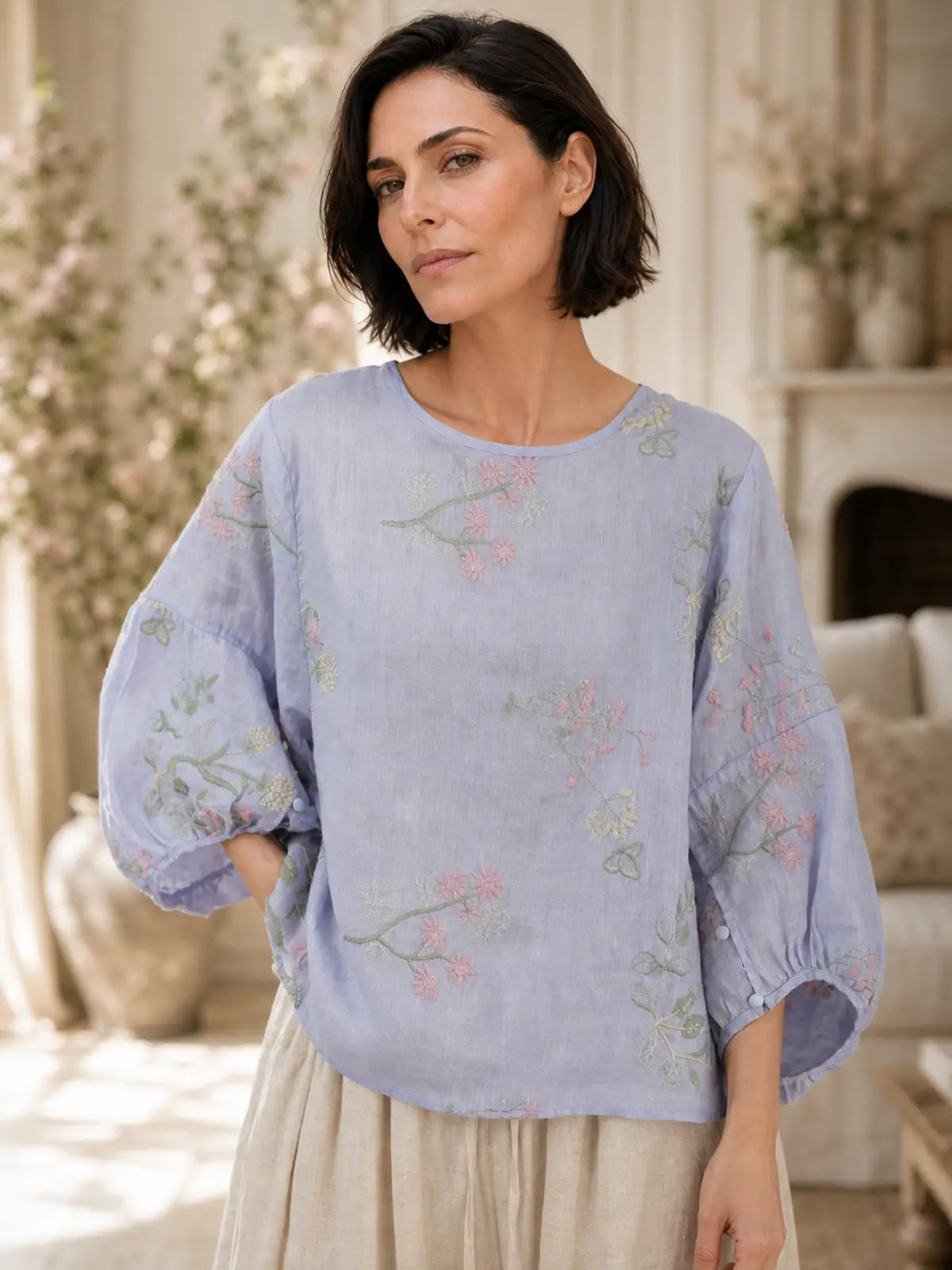 100% Ramie Top with Floral Embroidery & Lantern Sleeves - main model view