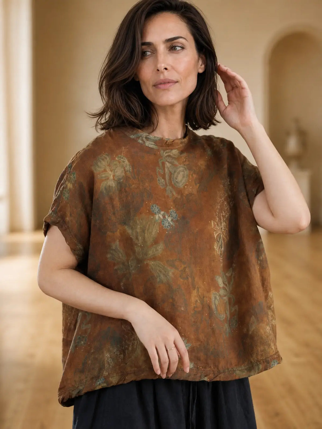 100% Ramie Top with Floral Print & Small Stand Collar - detail view