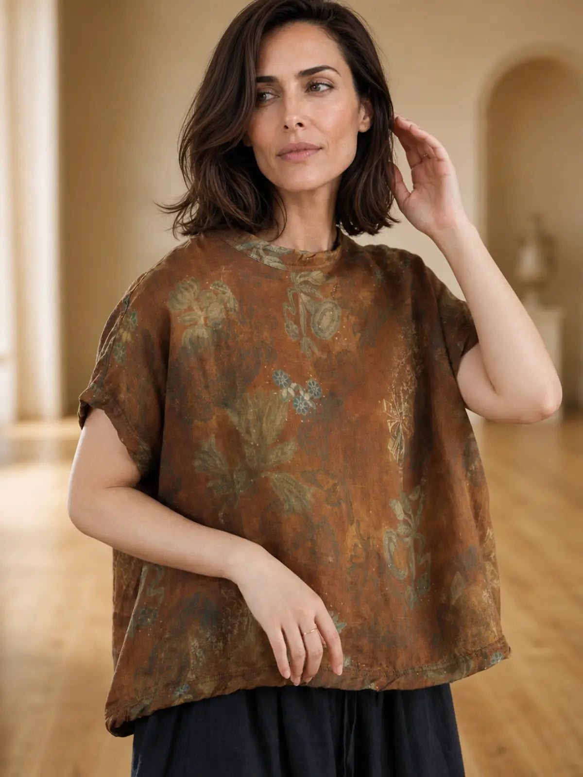 100% Ramie Top with Floral Print & Small Stand Collar - detail view