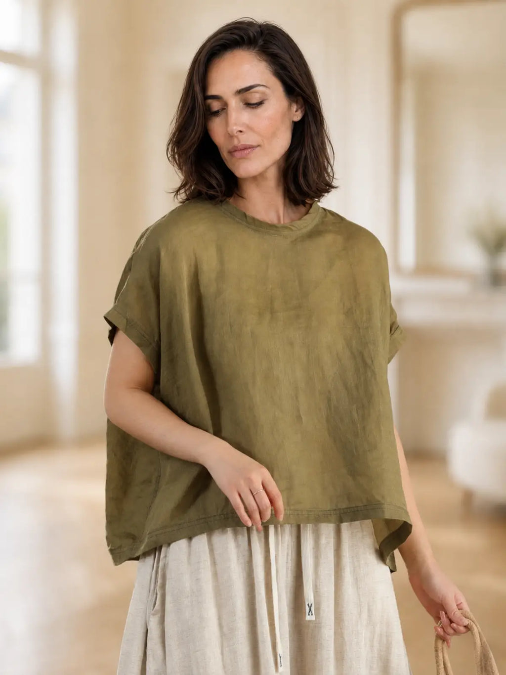 100% Ramie Top with Floral Print & Small Stand Collar - flat lay view