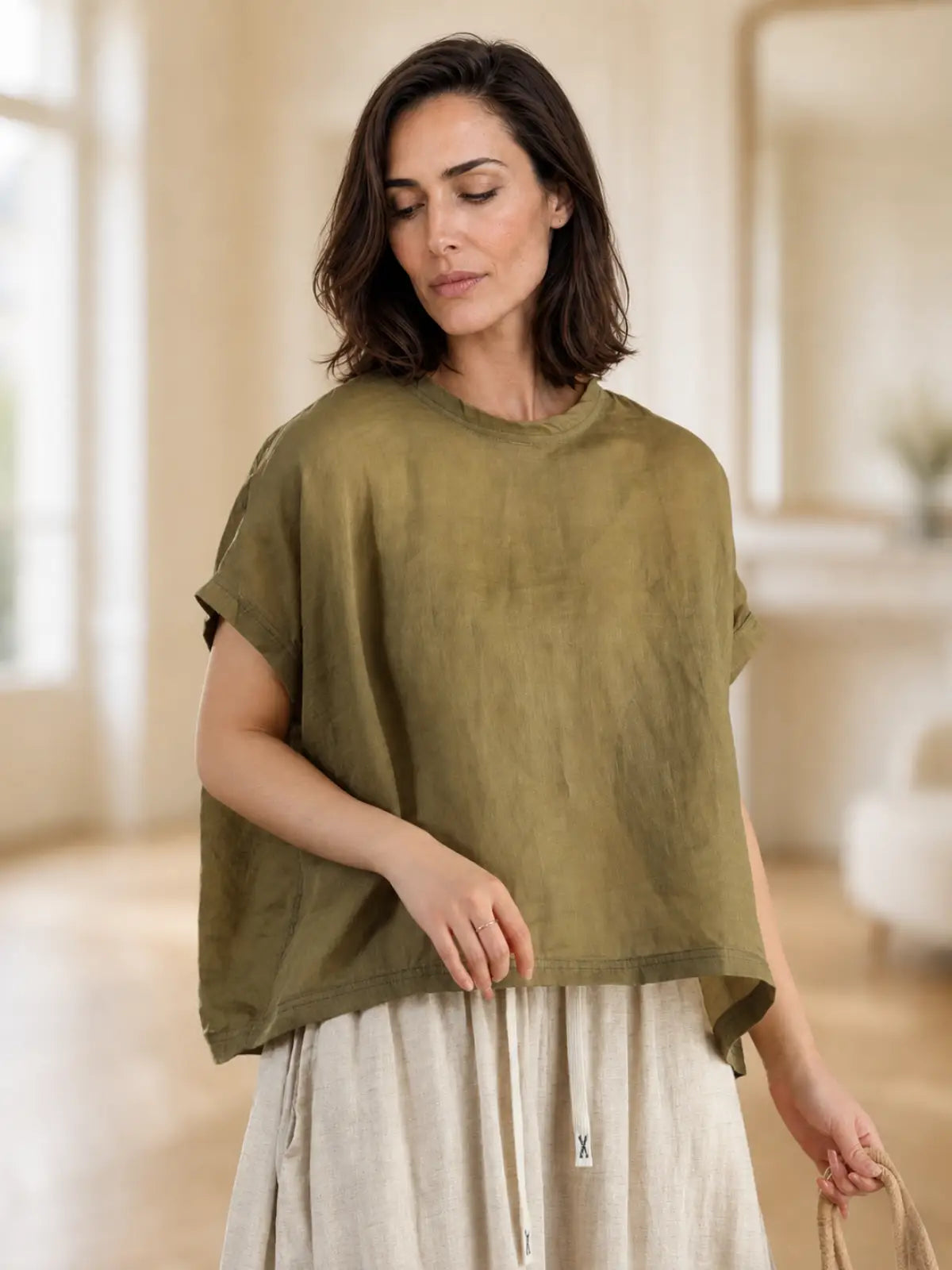 100% Ramie Top with Floral Print & Small Stand Collar - flat lay view