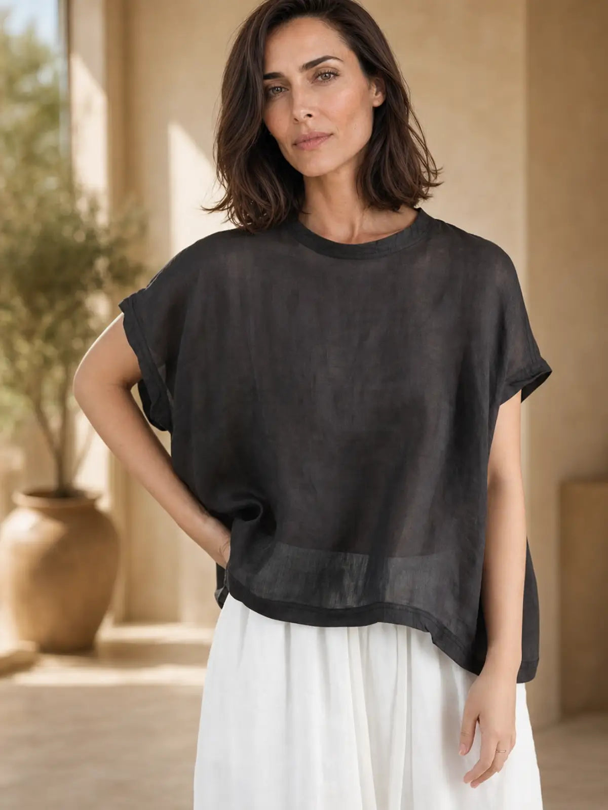 100% Ramie Top with Floral Print & Small Stand Collar - lifestyle view