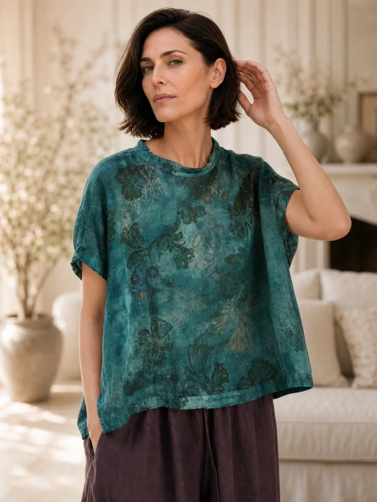 100% Ramie Top with Floral Print & Small Stand Collar - main model view