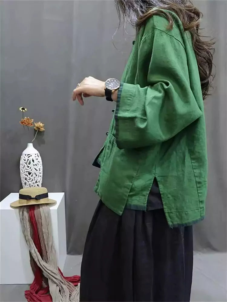 Chic Chinese Style Green Round Neck Loose Fit Linen Blouse