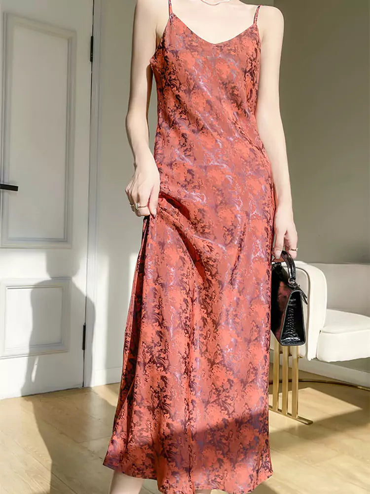 Elegant Blue Silk Slip Dress with Oriental Jacquard and A-Line Silhouette