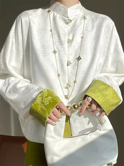 Elegant Satin White Blouse with Oriental Jacquard and Embroidery