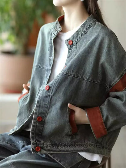 Retro-Patchwork-Jeansjacke aus gewaschenem Denim