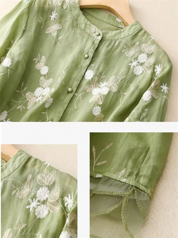 High-End Green Linen Embroidered Shirt for Women – Loose-Fit Stylish Top with Unique Patchwork Design
