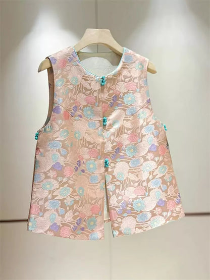 Rosa Brokatweste für Damen – Ärmellose Jacke im neuen chinesischen Stil