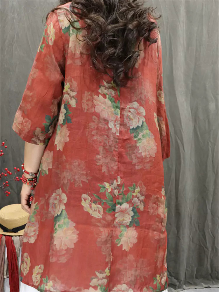Schwarzes, locker geschnittenes, mittellanges Ramie-Top im Vintage-Stil mit 3/4-Ärmeln und Blumenmuster