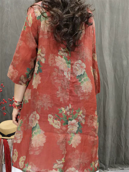 Schwarzes, locker geschnittenes, mittellanges Ramie-Top im Vintage-Stil mit 3/4-Ärmeln und Blumenmuster