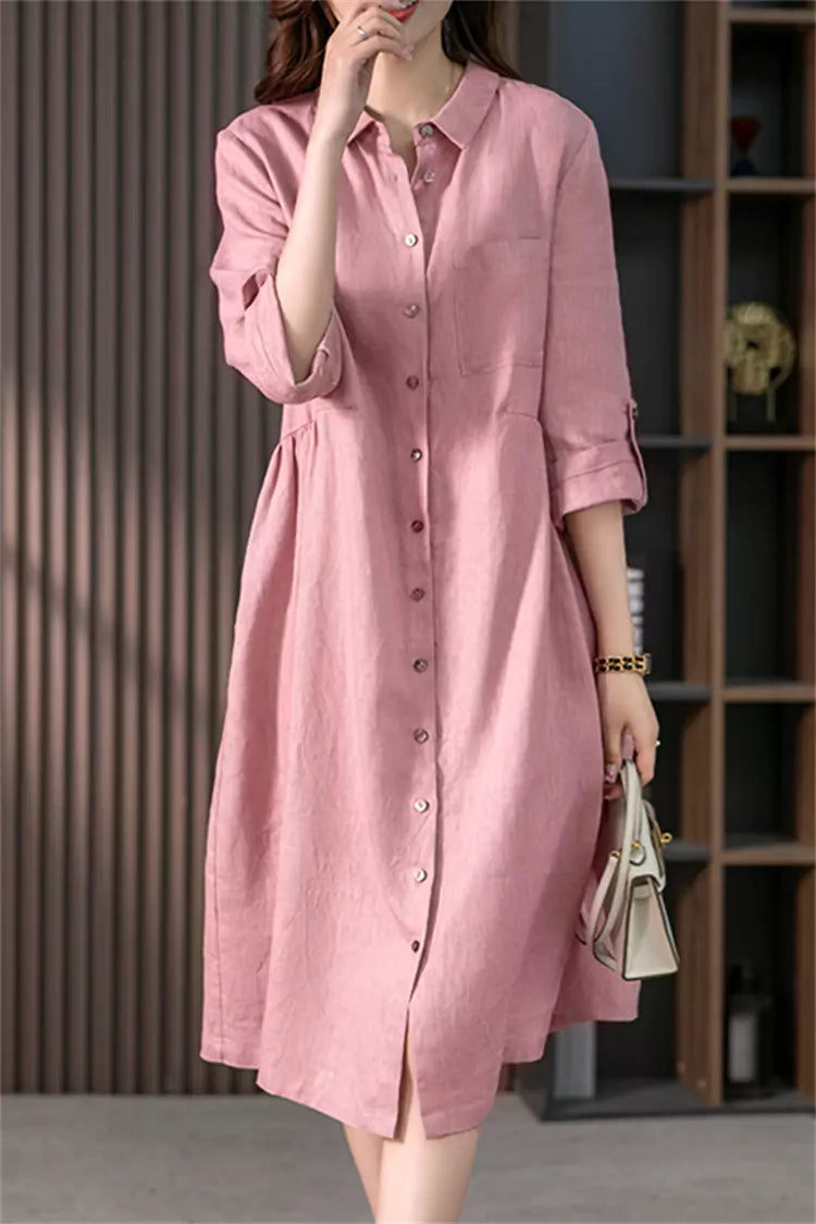 Elegant French-Style Pink Cotton Linen Shirt Dress