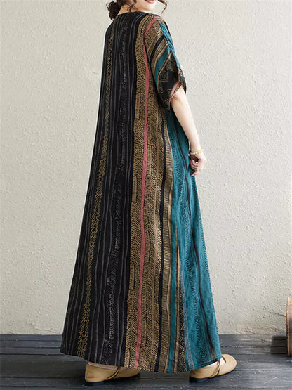 Plus Size V-Neck Vintage Striped Cotton Linen Dress Flattering and Elegant