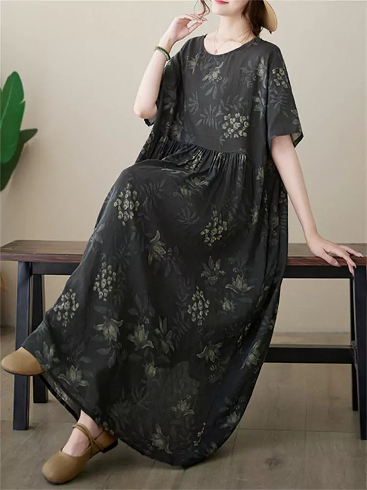 Plus Size Short Sleeve Round Neck Casual Printed Cotton Linen Maxi Dress