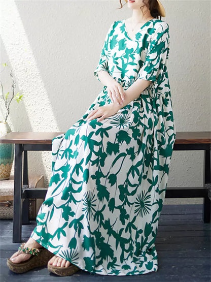 Plus Size Ethno-Kleid mit V-Ausschnitt und Blumenmuster für Damen