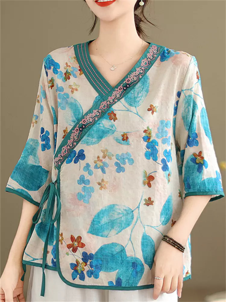 Vintage Blue Floral Print Blouse with Side Closure & Asymmetrical Collar