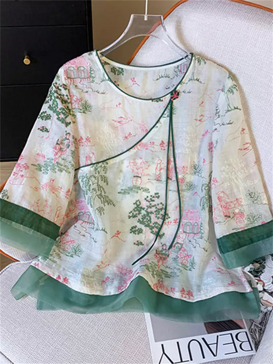 High-End Lightweight Embroidered Zen-Style Summer Blouse for Women with Chinese Elements