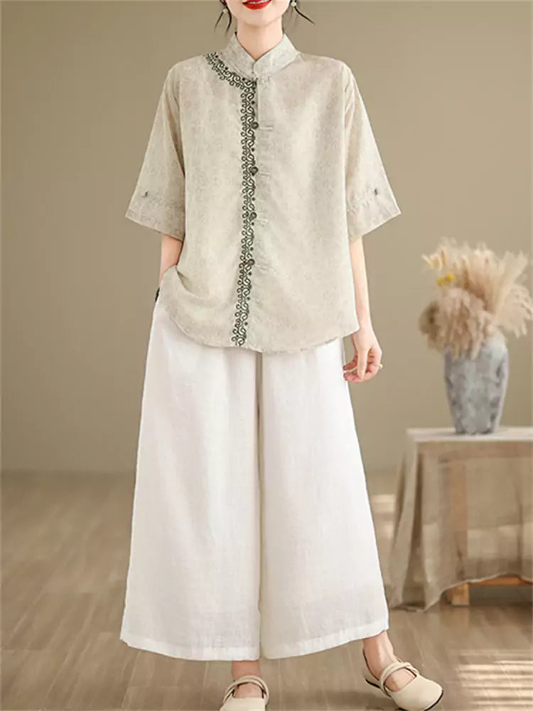 New Chinese Style Embroidered Stand Collar Lightweight Ramie Blouse for Women