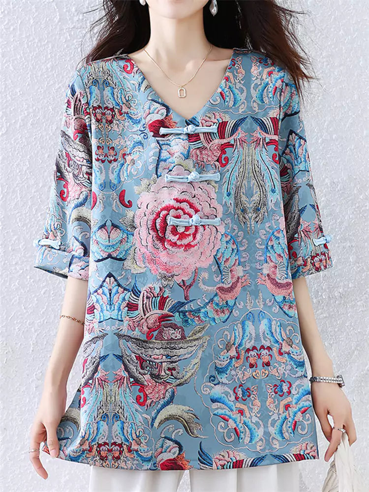 Oriental Elegant Half Sleeve Floral Printed Blouse for Women with Frog Buttons