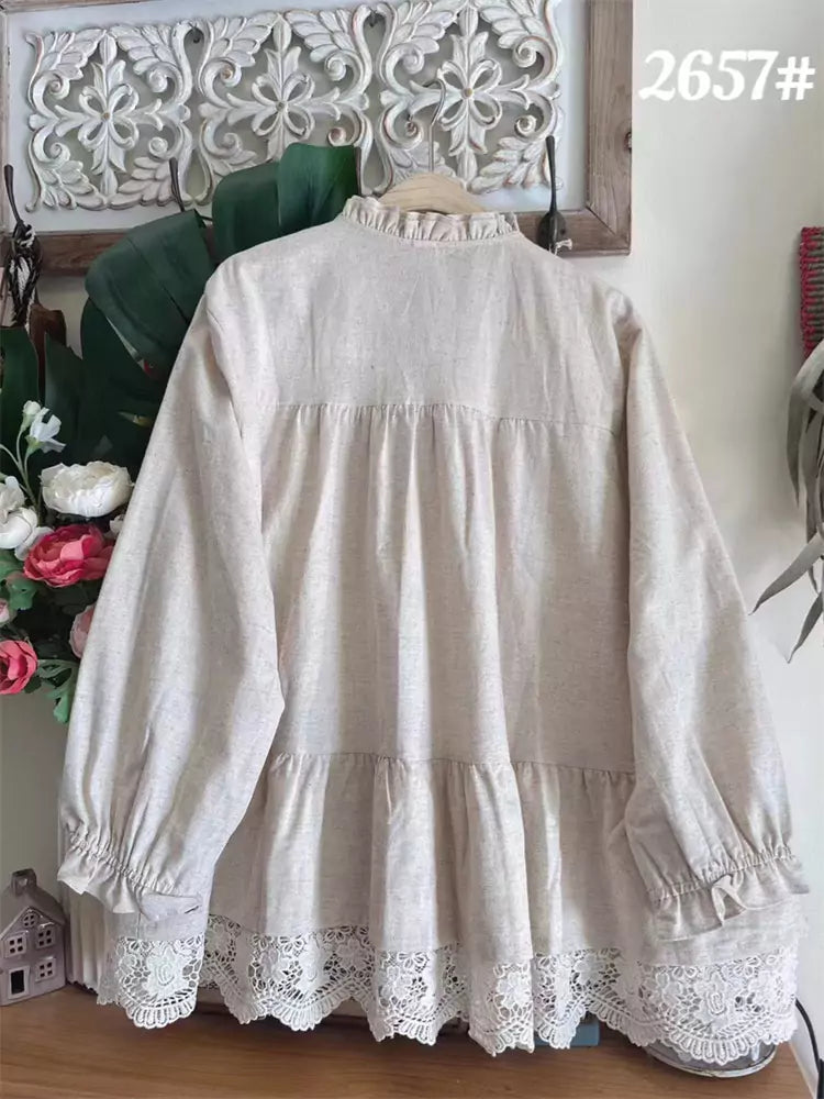 Blusa de lino y algodón con volantes estilo japonés para mujer, manga larga